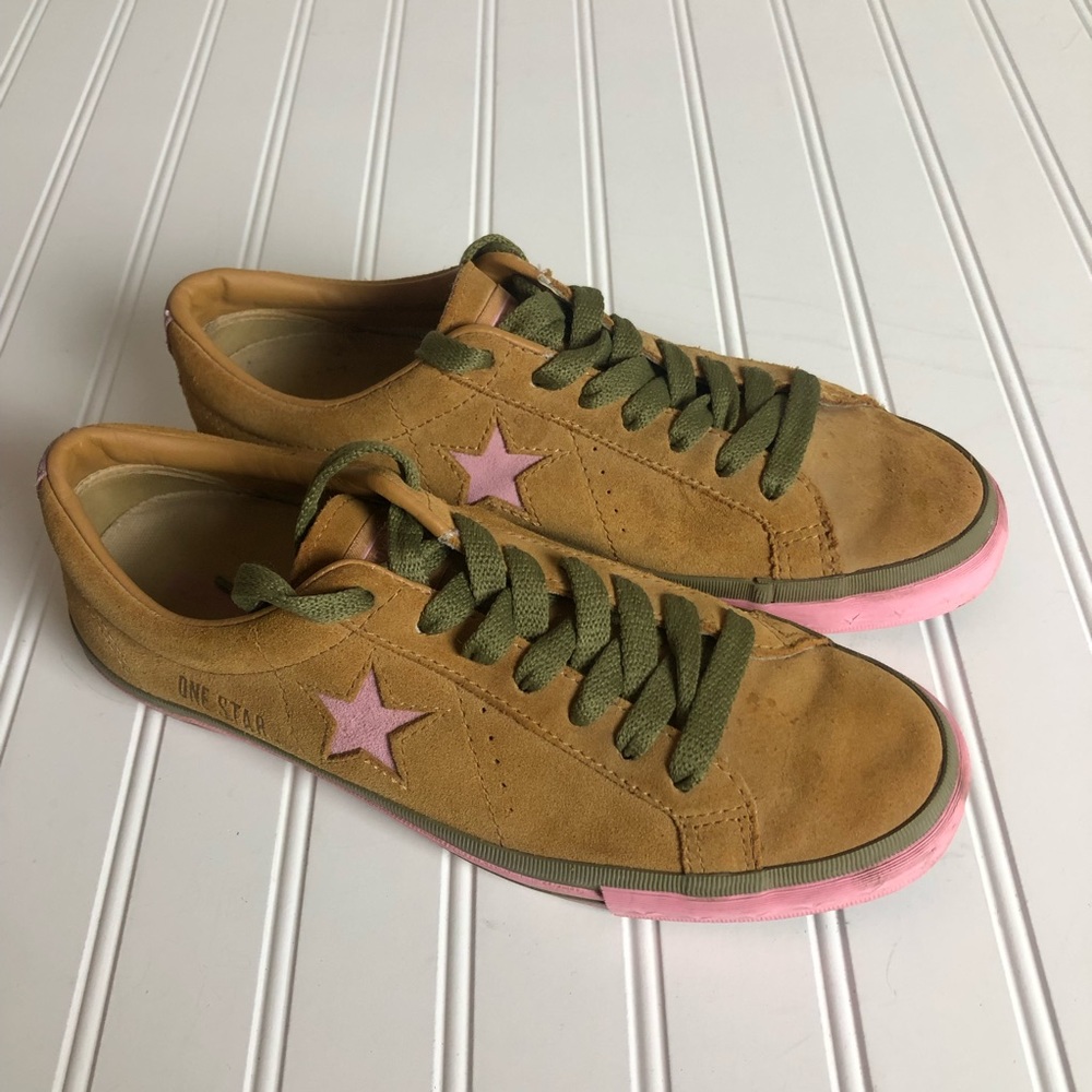 Converse One Star Camel, Pink, and Green Sneakers